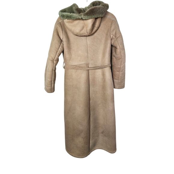 Vintage 70s Long Shearling Coat 10 Brown Leather Sawyer Napa Ski Hood Belted - Picture 2 of 15